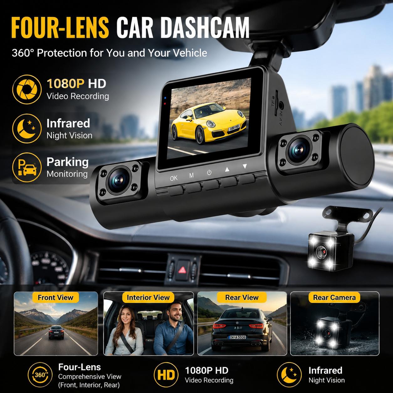 Panoramic Dash Cam 360 - Caméra embarquée 4 objectifs 1080P Full